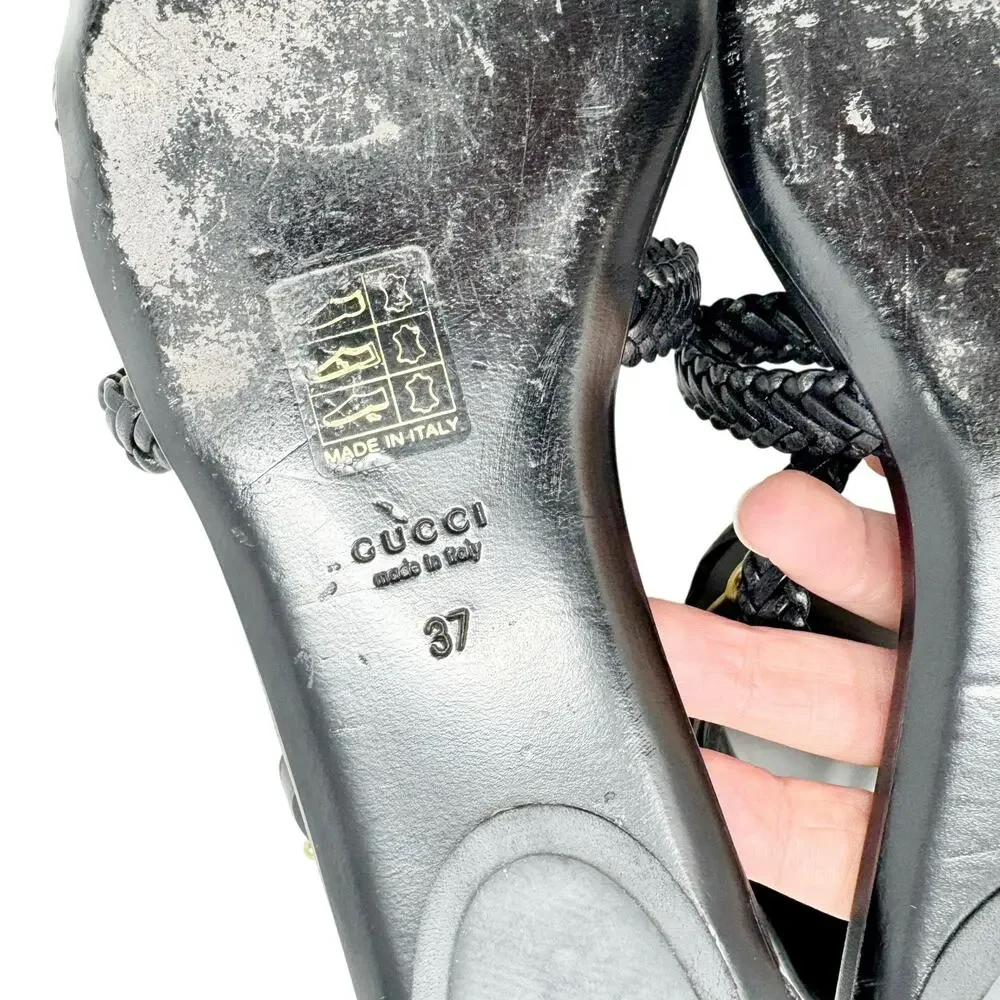 Gucci Horsebit Gladiator Sandals Braided Leather Ankle Cuff Size 37 Black - Picture 4 of 7